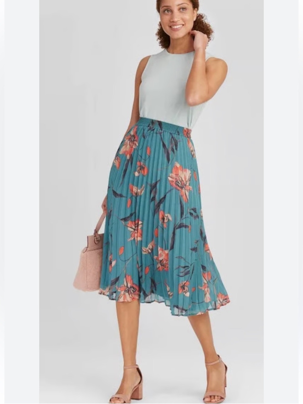 A new day Teal Floral Pleated Midi Skirt size medium